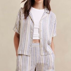 NWT Banana Republic Factory Linen Button Front Collared Shirt Stripe Ivory‎ XXL